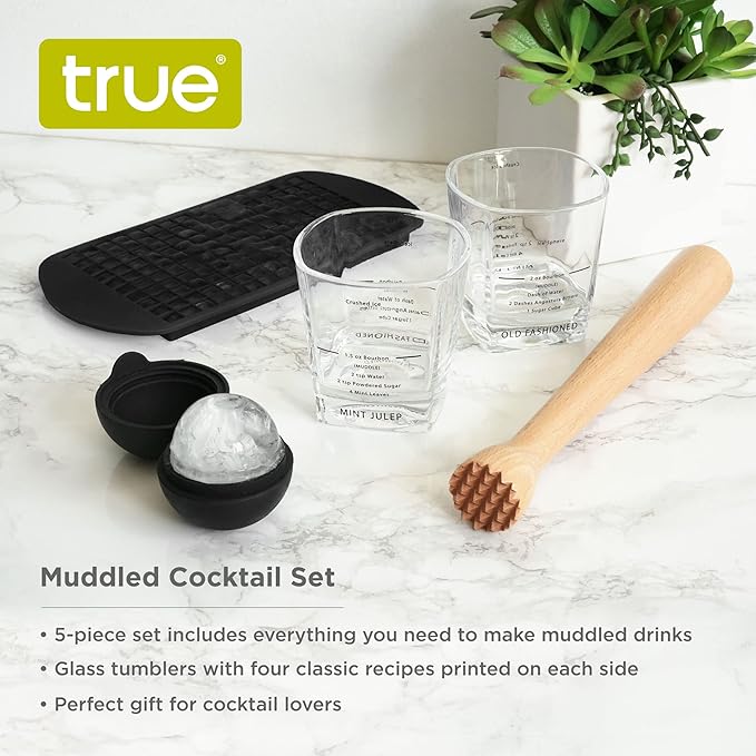 True Muddled Cocktail Kit with 2 Recipe Lowball Tumblers, Wooden Muddler, Silicone Ice Sphere Mold and Mini Pebble Ice Tray, Set of 5