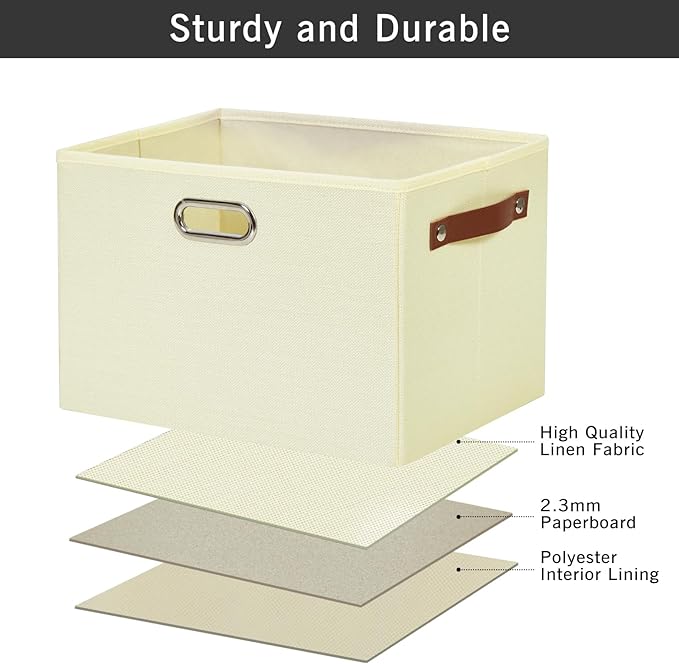 Large 3-Pack Foldable Fabric Storage Bins with Durable PU & Metal Handles, Collapsible Storage Baskets for Shelves, Home Storage, Closet Organizers, Living Room(14.9"x9.8"x9.8", Beige)