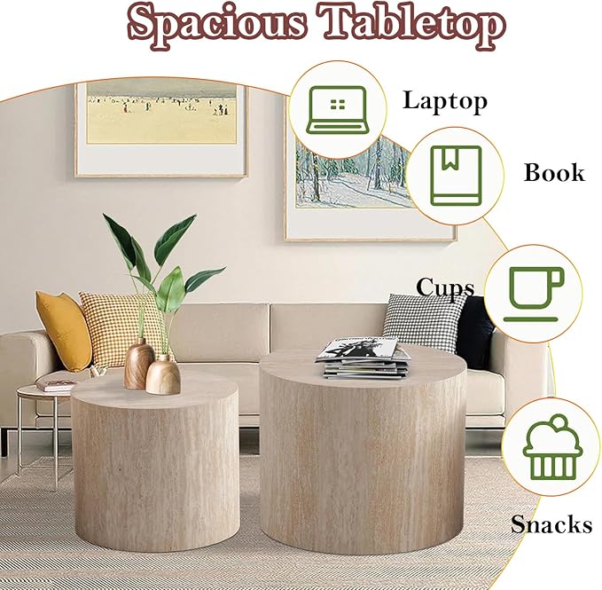 Stylish Nesting Coffee Table Set of 2, Elegant Chic Round Wooden Center Table - Smooth Finish & Easy to Clean, No Assemble Needed (E)
