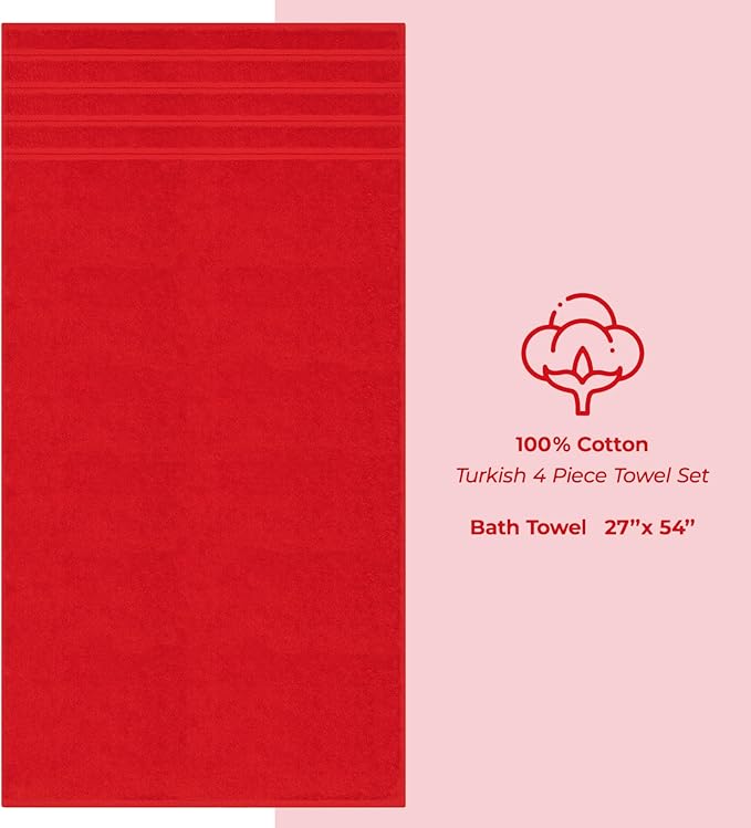 American Soft Linen Luxury 4 Piece Bath Towel Set, 600 GSM 100% Cotton Turkish Bath Towels for Bathroom, 27x54 in Large Bathroom Shower Towels, Red