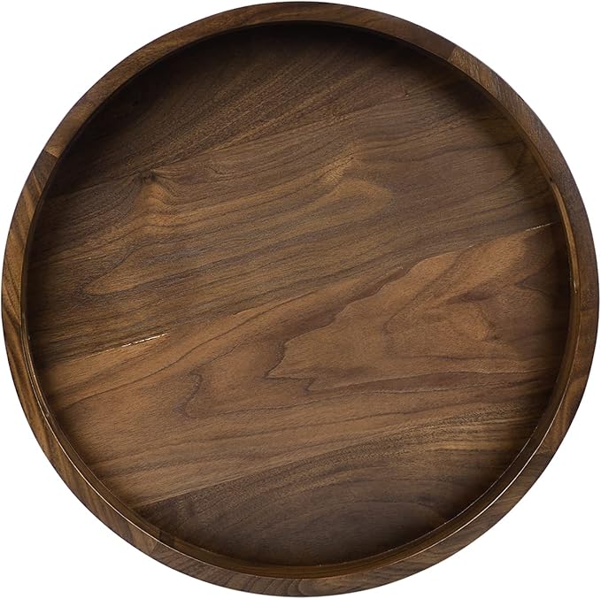 18 x 18 inches Large Round Ottoman Table Tray, Wooden Solid Black Walnut Circle Platter Decorative Serving Tray with Handle for Oversized Ottoman Home Breakfast in Bed Tea Coffee