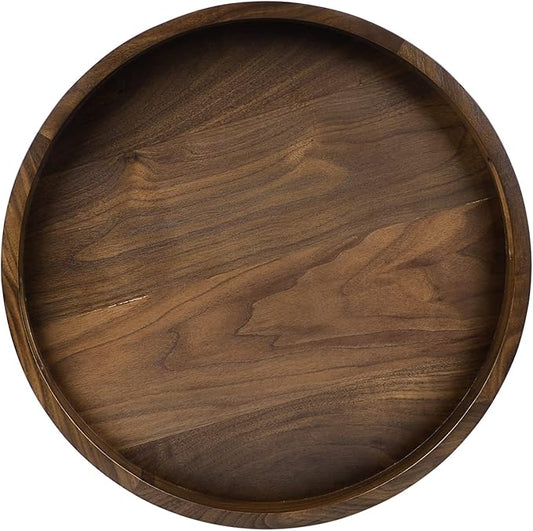 18 x 18 inches Large Round Ottoman Table Tray, Wooden Solid Black Walnut Circle Platter Decorative Serving Tray with Handle for Oversized Ottoman Home Breakfast in Bed Tea Coffee