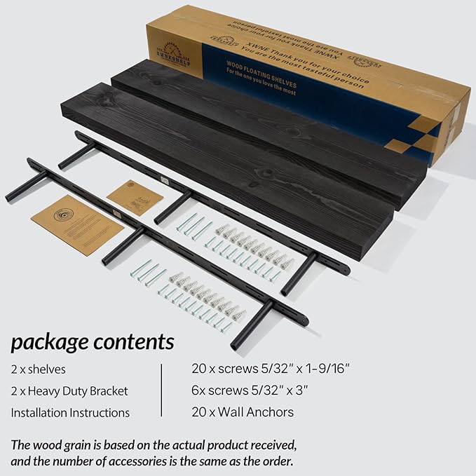 Rusitc Floating Shelves 48 inch Long 8 "deep Set of 2, Heavy Duty Wood Wall Mounted Shelves for Bathroom Living Room Kitchen,Book Shelves with Thickened Hidden Bracket-Black