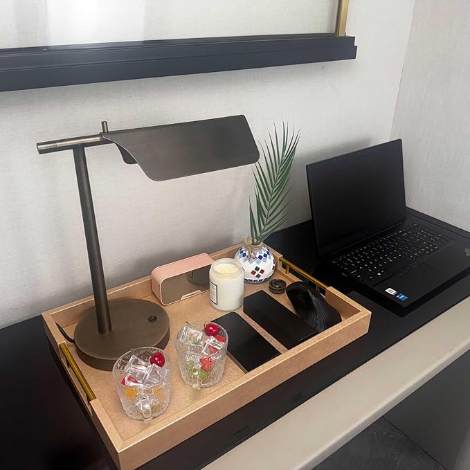 14x20 Inches Champagne Faux Leather Wrapped Wood Serving Tray with Metal Handles for Various Occasions, Ottoman, Home Decorative, Living Room, Coffee Table Organizer, Serving Breakfast On Bed