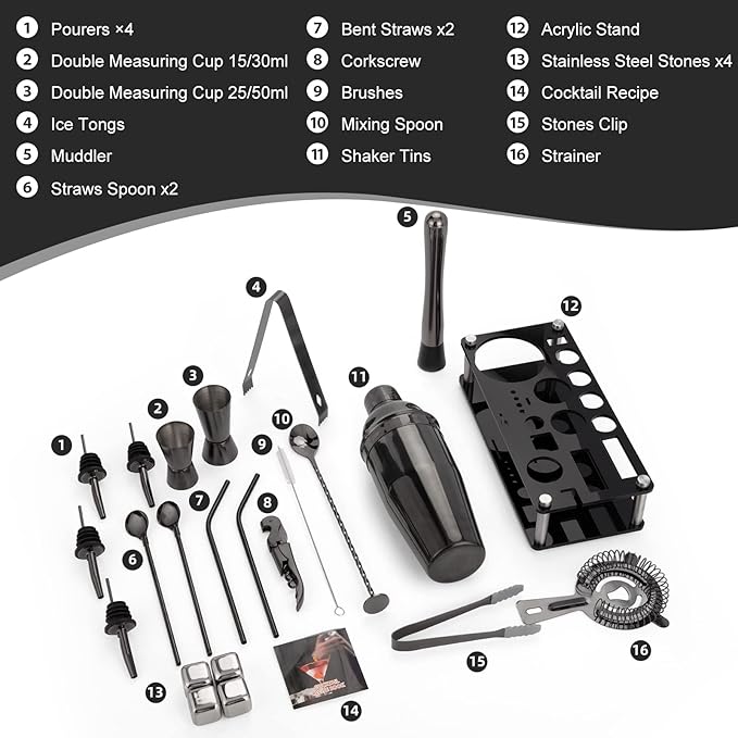23 Piece Cocktail Shaker Set Bartender Kit with Acrylic Stand & Cocktail Recipes Booklet, Professional Bar Tools for Drink Mixing, Home, Bar, Party (Include 4 Whiskey Stones) - Black