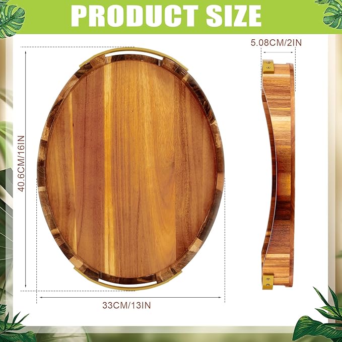 Acacia Wood Serving Tray with Metal Handles– 16"x13"x2", Large Wood Display Tray, Decorative Ottoman Tray for Living Room, Coffee Table for Breakfast, Food, Cookie, Dessert, Fruit, Snack