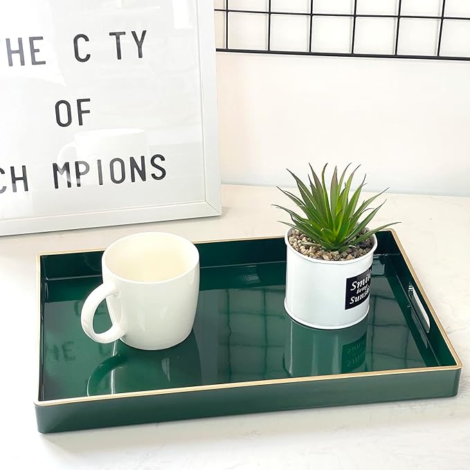 Zosenley Decorative Tray, Rectangular Plastic Tray with Handles, Modern Vanity Tray and Serving Tray for Bathroom, Kitchen, Ottoman and Coffee Table, 15.6” x 10.2”, (Rectangular, Blackish Green)