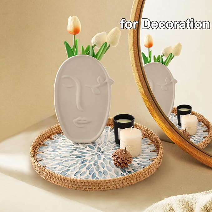 Round Rattan Tray with Mother of Pearl Inlay, Rattan Serving Tray for Coffee, Bread, Fruits, Decorative Wicker Tray for Table Decor, Home Decor, Kitchen Island Decor (Light Blue Leaf, 11.8")