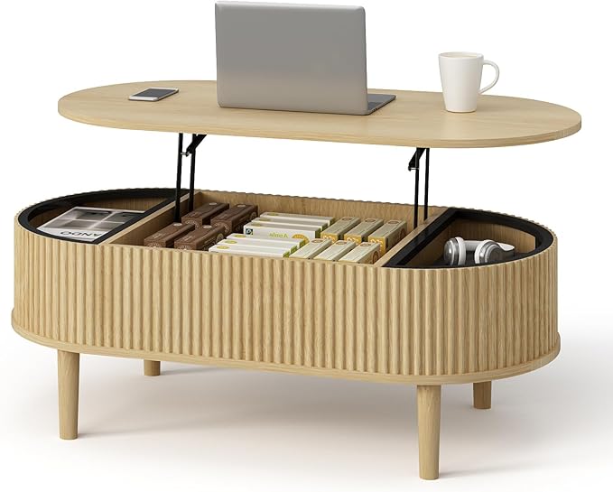 Ludatido 39 Inch Lift Top Coffee Table with 3 Storage for Living Room, Oval Coffee Table with Hidden Compartment, Fully Wooden Center Easy to Assembled for Home Living Room Office Burlywood