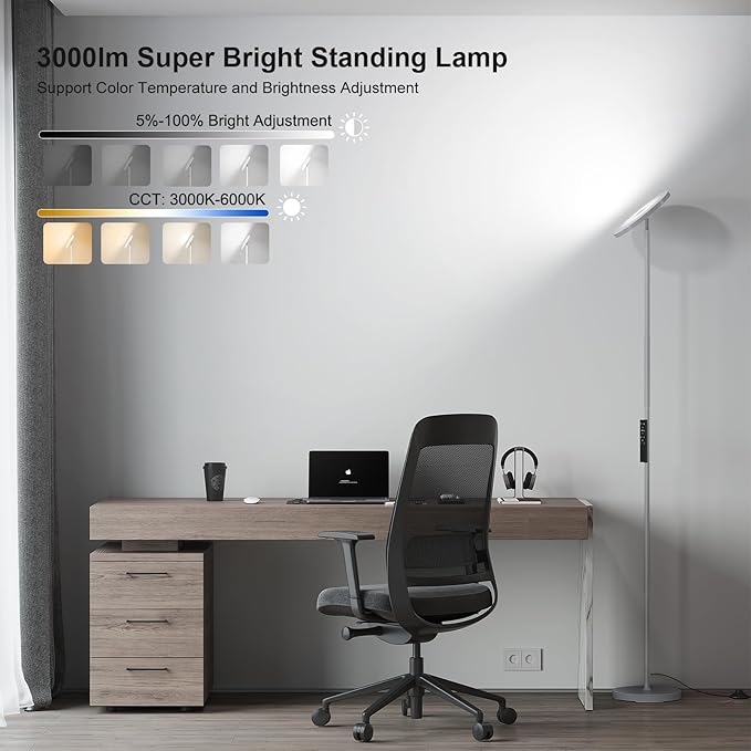 SUNMORY Floor Lamps for Living Room, 32W/3000LM Super Bright LED Floor Lamp with Remote Control, 69" Tall Standing Lamp with Stepless Dimmable, Modern Torchiere Corner Lamp for Bedroom, Office Grey