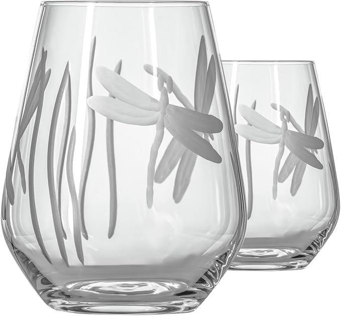 Rolf Glass Dragonfly Stemless Wine Glass 18oz - Tumbler Wine Glasses Set of 2 – Made in the USA - Etched Stemless Wine Glasses -(Set of 2)