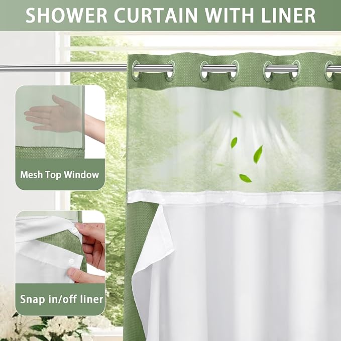 YellyHommy Stall No Hook Shower Curtain with Snap in Liner Set Less Time Green Waffle Shower Curtain for Bathroom 75" L x 60" W