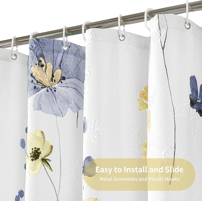 QIYI Watercolor Floral Shower Curtain, 3D Embossed Butterflies Blue Yellow Flower Bathroom Curtain, Minimalist White Cloth Bath Curtain, Waterproof Fabric Textured Shower Curtain Set with Hooks, 72x72