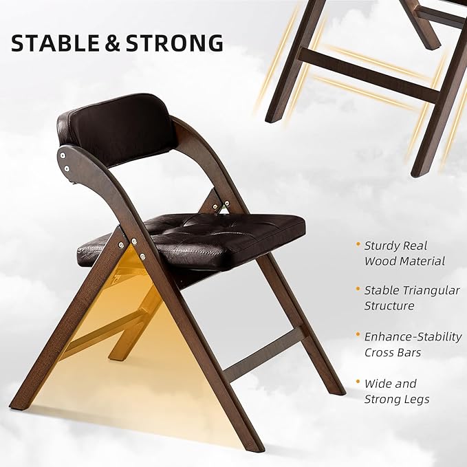 Wood Folding Chair with Padded Seats Set of 2, Foldable Dining Chair with Cushion, Comfortable Extra Chair, Portable Foldable Seating for Indoor Outside Events, Party, Wedding (Walnut Brown)
