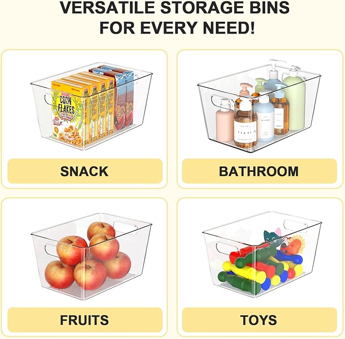 Set of 8 Clear Plastic Storage Bins, 4 Large +4 Small Pantry Organizers and Storage Containers for Kitchen, Garage, Freezer& Bathroom - Office Supplies Storage Bin for Drawer, Desk and Shelf