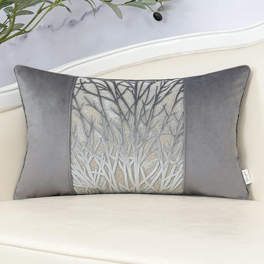 Yangest Grey Throw Pillow Cover Velvet Cushion Cover Branches Rectangular Pillowcase for Sofa Couch Bedroom Living Room, 12x20 Inch
