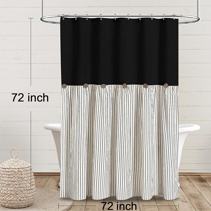 Awellife Farmhouse Black Shower Curtain Button Linen Textured Woven Fabric,Pleated Black Stripe,Country Style,72x72 Inch