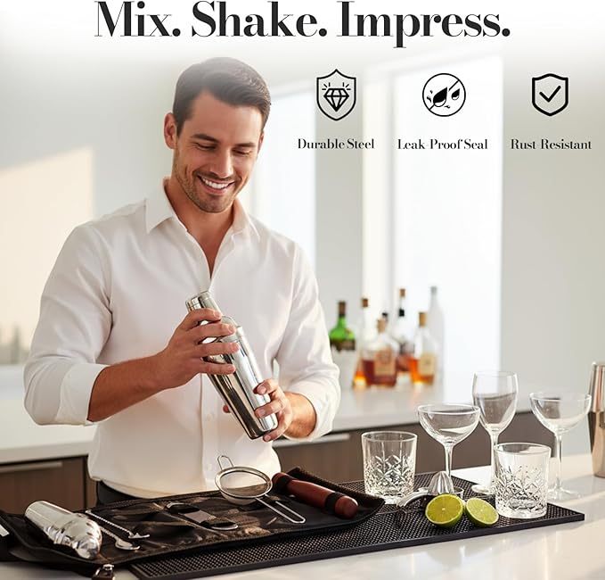 Cocktail Shaker Bartender Kit – Stainless Steel Drink Mixer Bar Accessories for The Home Bar Set with Travel Bag – Includes Muddler, Jigger, Strainer, Bar Spoon – 10-Piece Professional Cocktail Set