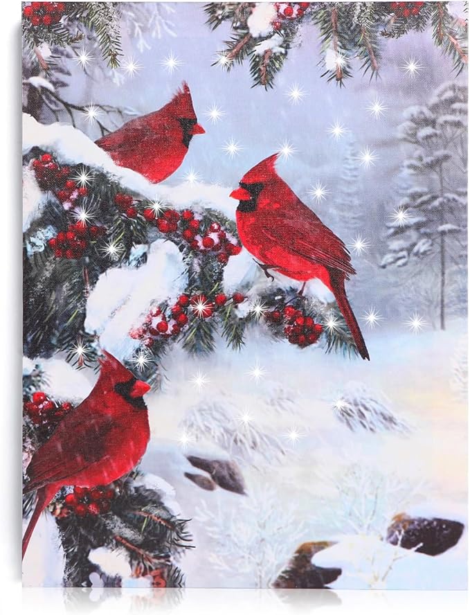 NIKKY HOME 12" x 16" LED Lighted Canvas Wall Art Prints Light Up Cardinal and Berries Artwork Winter Scene Picture for Holiday Decor