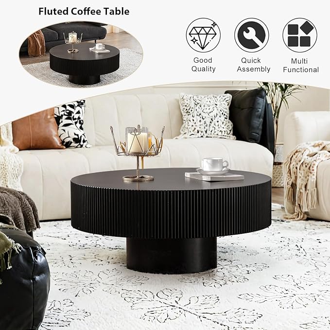 Round Fluted Coffee Table Mid Century Modern Coffee Tables with Handcrafted Relief Circle Drum End Table Rustic Industrial Center Tables for Apartment Living Room (Black Round Thick)