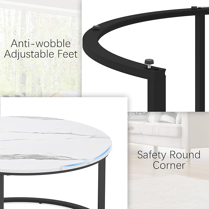 WiberWi Round Coffee Table Nesting Tables Set of 2, Large : Ø 33.5", Small : Ø 25.7", Modern Design Coffee Tables for Living Room, Metal Frame Circle Cocktail Table, High Glossy Faux White Marble