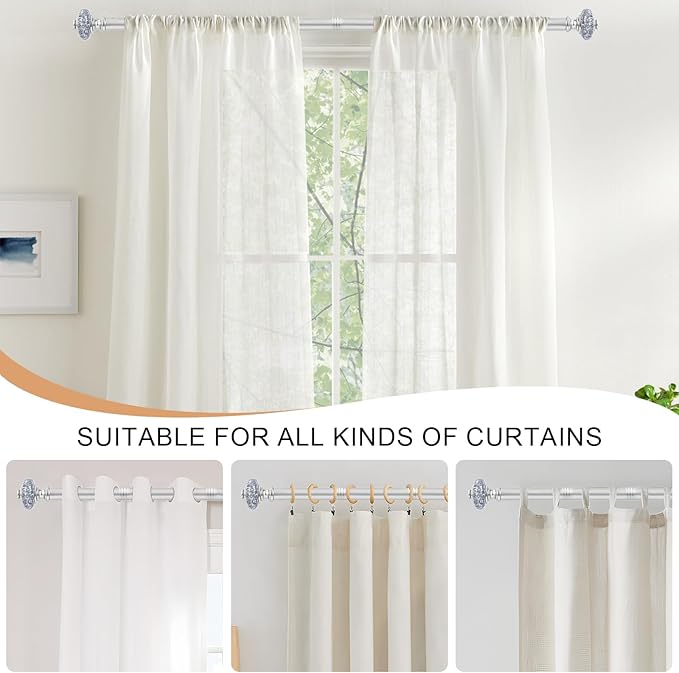 2 Pack Silver Curtain Rods for Windows 30 to 41 Inch, Decorative Vintage Crystal 1'' Diameter Curtain Rod with Silver Foil Finials, Adjustable Heavy Duty Easy Install Drapery Pole for Farmhouse