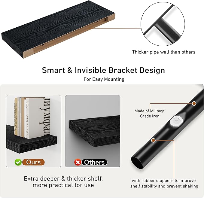 Fun Memories Floating Shelves - 2 Pack 9 Inch Deep Rustic Wooden Wall Shelves - Wall Mounted Storage Shelf with Invisible Brackets, 24" W x 9" D x 1.6" H - Black