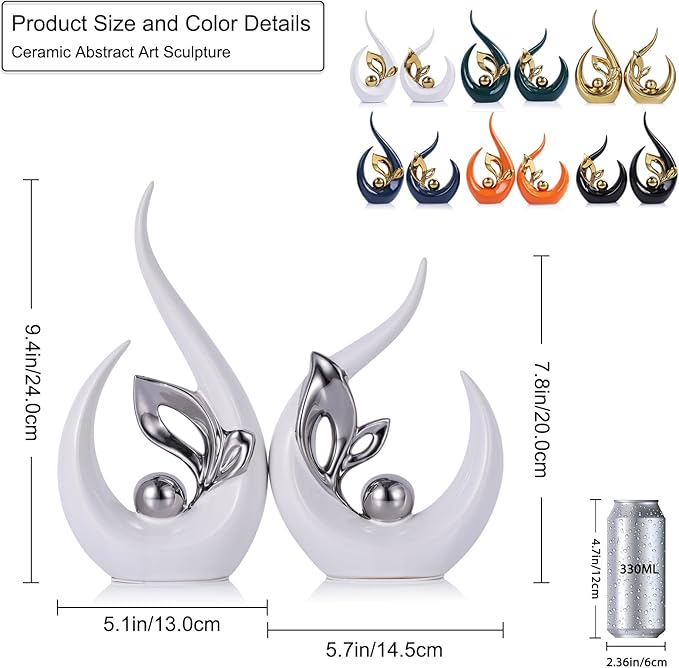 9.4" H White Silver Abstract Sculptures Home Decor, Ceramic Art Statue Cool Stuff to Put on Shelves&tv Stand Decor, Silver Accent Entertainment Center, for Fireplace Coffee Table Dining Table Decorate