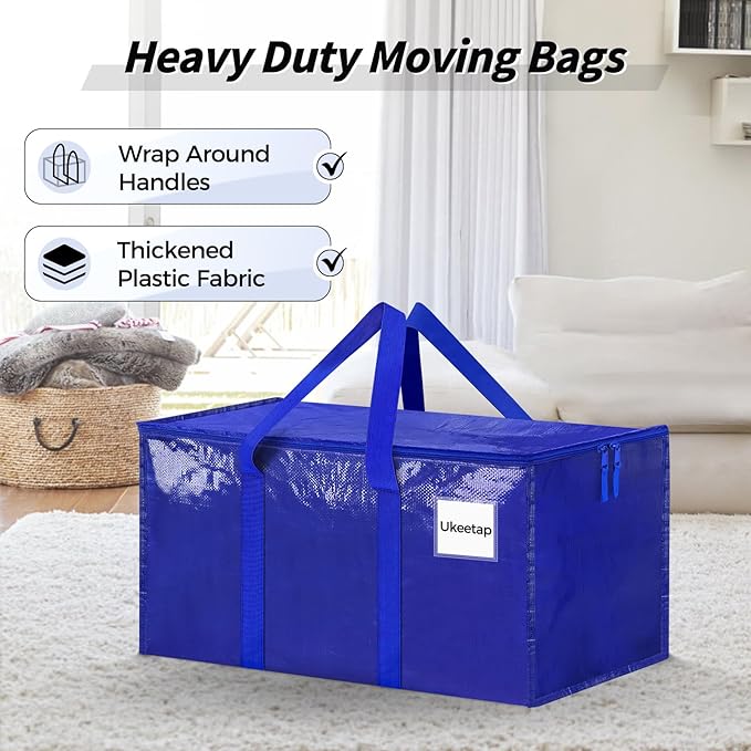 8 Pack Extra Large Heavy Duty Moving Bags, Blue Storage Bins with Lids, Reinforced Handles & Heavy-Duty Zippers Moving Boxes Storage Bags Totes for Clothes Packing, Dorms, College Supplies, Blue