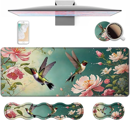 4 in 1 Ergonomic Keyboard Wrist Rest & Mouse Pad Wrist Rest Set, Large XXL Gaming Desk Mat 31.5"x 11.8" with Non-Slip Base, Memory Foam for Home Office Study Gaming, Hummingbird Flowers