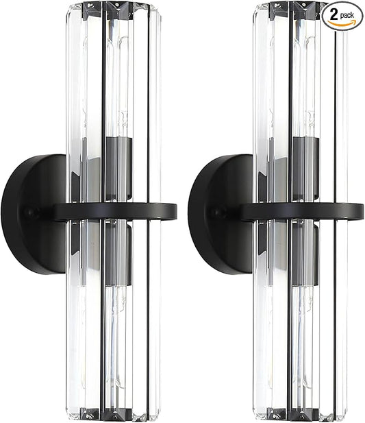 Crystal Wall Sconce Set of Two, 2-Light Black Luxury Indoor Vanity Wall Lamp, 15.7-Inch Upper and lower illuminated Bathroom Light Fixtures, for Living Room, Bedroom, Bathroom, Hallway, Mirror, E26
