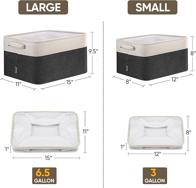 BALEINE 3 Pack Fabric Storage Bins for Shelves, Linen Storage Baskets for Organizing, Decorative Closet Bins for Clothes, Home (Black, 12"x8"x8")