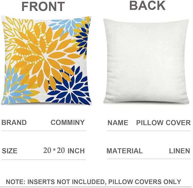 Yellow Blue Throw Pillow Covers 20x20 Set of 6, Daisy Dahlia Flower Pillow Cover, Decorative Square Cushion Cover, Farmhouse Pillowcase for Sofa Bedroom Living Room Farmhouse Home Decor