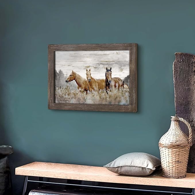 Horse Wall Art Framed Picture: Rustic Animal Wood Print Decor Brown Horses Western Artwork Wildlife Portrait Painting for Living Room Farmhouse Bedroom