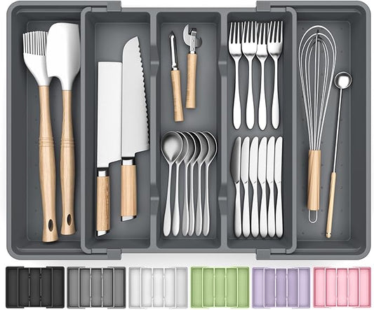 Silverware Organizer, Expandable Utensil Drawer Organizer for Kitchen Drawers, Kitchen Drawer Organizer for Spoons/Forks/Knives, Multipurpose & BPA Free Cutlery Tray, Grey, 1 Pack