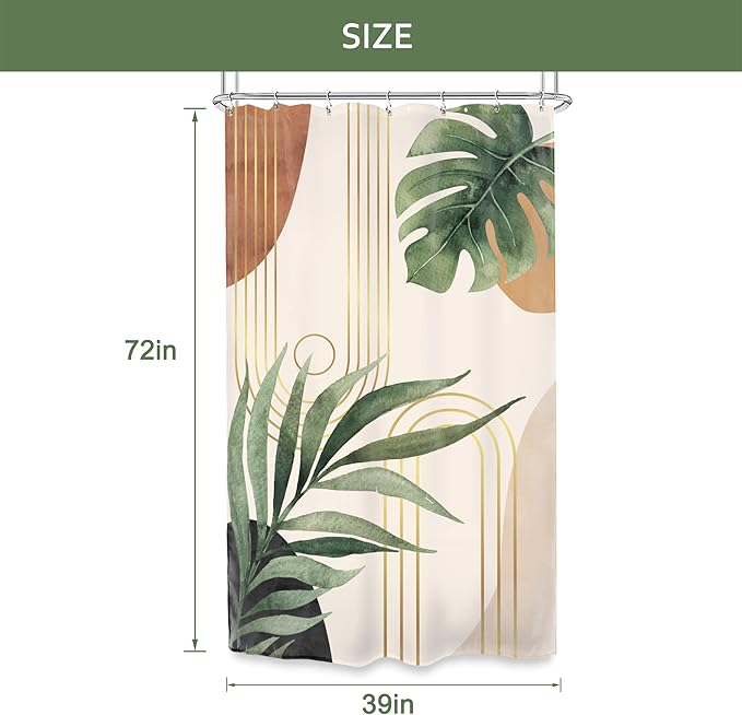 Glawry Small Stall Narrow Shower Curtain 39Wx72L Inches Single Tropical Boho Mid Century Leaves Abstract Bathroom Palm Leaf Plant Green Minimalist Bath Accessories Art Home Decor Fabric 7 Pack Hooks