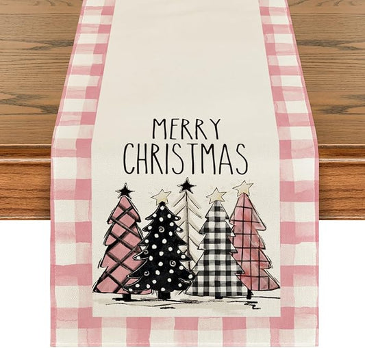 Artoid Mode Watercolor Pink Buffalo Plaid Christmas Trees Merry Xmas Table Runner, Seasonal Winter Holiday Kitchen Dining Table Decoration for Indoor Outdoor Home Party Decor 13 x 72 Inch