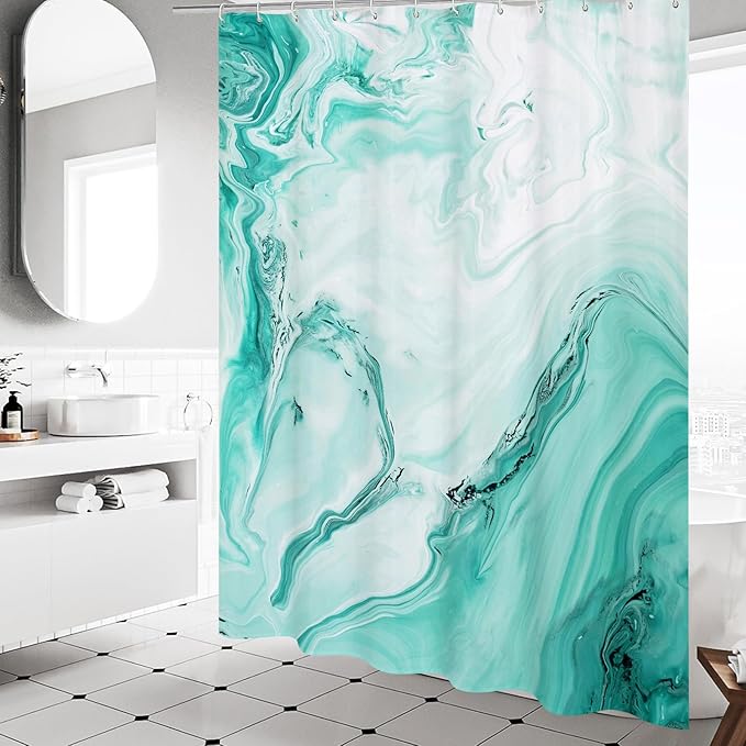 MitoVilla Teal Blue Marble Shower Curtain, Abstract Ombre Fabric Shower Curtains for Modern Bathroom Decor, Turquoise Green Luxury Cloth Watercolor Shower Curtain, 72x72