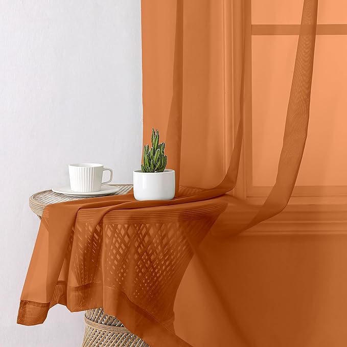 Aiyufeng Orange Sheer Curtains 84 Inches Long 2 Panels Set, Light Filtering Soft Airy Voile Rod Pocket Orange Sheer Window Drapes for Bedroom Living Room, Each 40Wx84L Inches