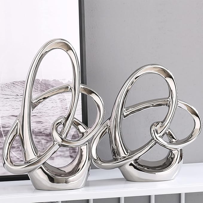 11in Silver Ceramic Statue – Modern Abstract Art Figurine for Home Decor Accents, Tabletop Centerpiece for Dining Room, Living Room Shelf, Office or Wedding Display