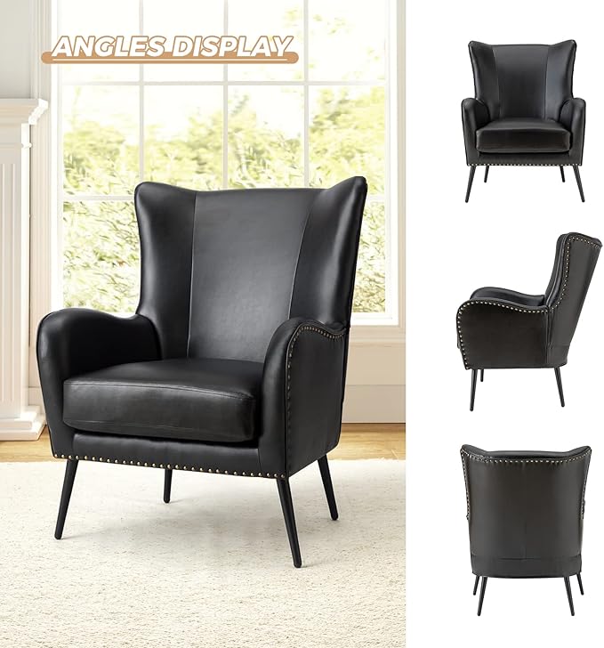 HULALA Home Faux Leather Accent Chair w/Removable Cushion, Comfy Upholstered Armchair with Black Metal Legs & Nailhead Trim Wingback Vanity Chair Desk Chair for Reading Living Room Bedroom, Black