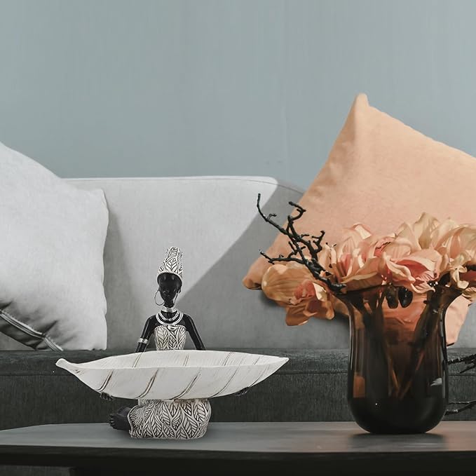 African Tribal Lady Holders Figurine, African Statue Home Decoration, Sculptures Table top Bookshelf Decor for Wedding,Church,Holiday Decor-African Decorative White Color(314-B)