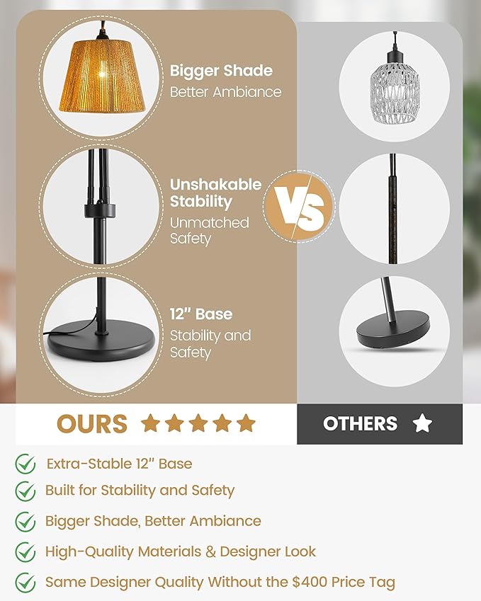 Rattan Floor Lamp, 68in. Boho Floor Lamps with Natural Shade, 3-Light Tree Lamp for Coastal, Beach or Bohemian Style Decor, E26 Socket, On/Off Footswitch Lamp for Living room, Bedroom (Bohemian-Black)