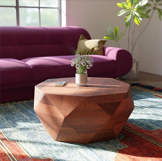 Relso Solid Wood Geometric Faceted Coffee Tables Living Room, Crafted for Versatile Use | Drum Round Shaped | for Living Rooms | Wooden Drum Coffee Table Octavian Table