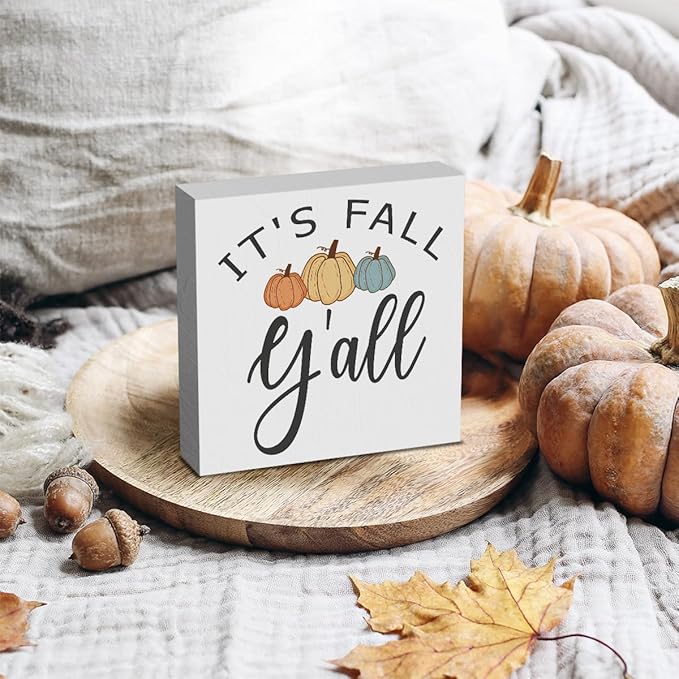 Fall Wooden Box Sign, 5.1 X 5.1 Inch Pumpkin Autumn Wood Sign for Tiered Tray, Home Living Room Harvest Day Thanksgiving Tabletop Decor - It's Fall Y'all 2