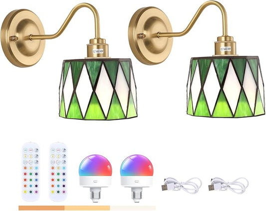 Vintage Battery Operated Wall Sconce Set of 2 with Remote, Rechargeable Wall Lamp 3 Colors Dimmable, Gold Lights Fixture for Bedroom Bathroom Living Room Hallway Green Checker