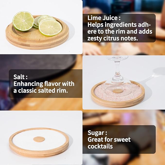 3-Tier Bamboo Margarita Salt Rimmer Set with Garnish Tray - Bartender Tool for Salt, Sugar & Lime - Fits Glasses up to 5.5" for Bars, Home, Parties