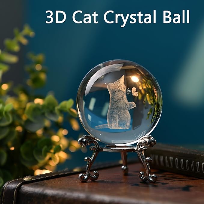 IFOLAINA 3D Cat Themed Gifts for Women 3D Crystal Ball Cat Related Sympathy Figurines Presents Kitty Decorative Globe Decor with Stand