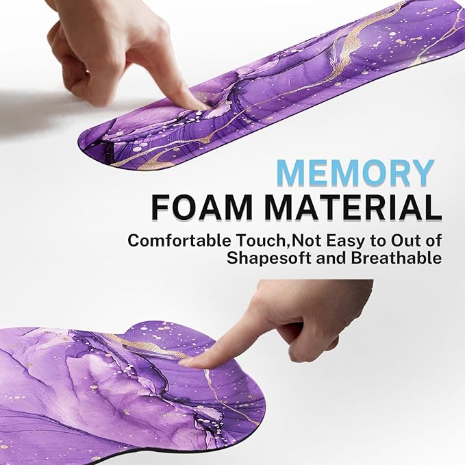 Britimes Purple Gold Marble Mouse Pad 3pcs Set with Wrist Support Non-Slip Rubber Base Ergonomic Pad,Mouse Wrist Cushion Support and Coasters for Home Office Gaming Easy Typing & Pain Relief