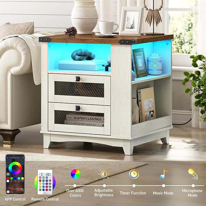 Farmhouse End Table with Charging Station, 24''Large Sofa Side Table with LED Light and 2 Drawers, Square Nightstand with Side Shelves, for Bedroom, Living Room, Office, White and Walnut